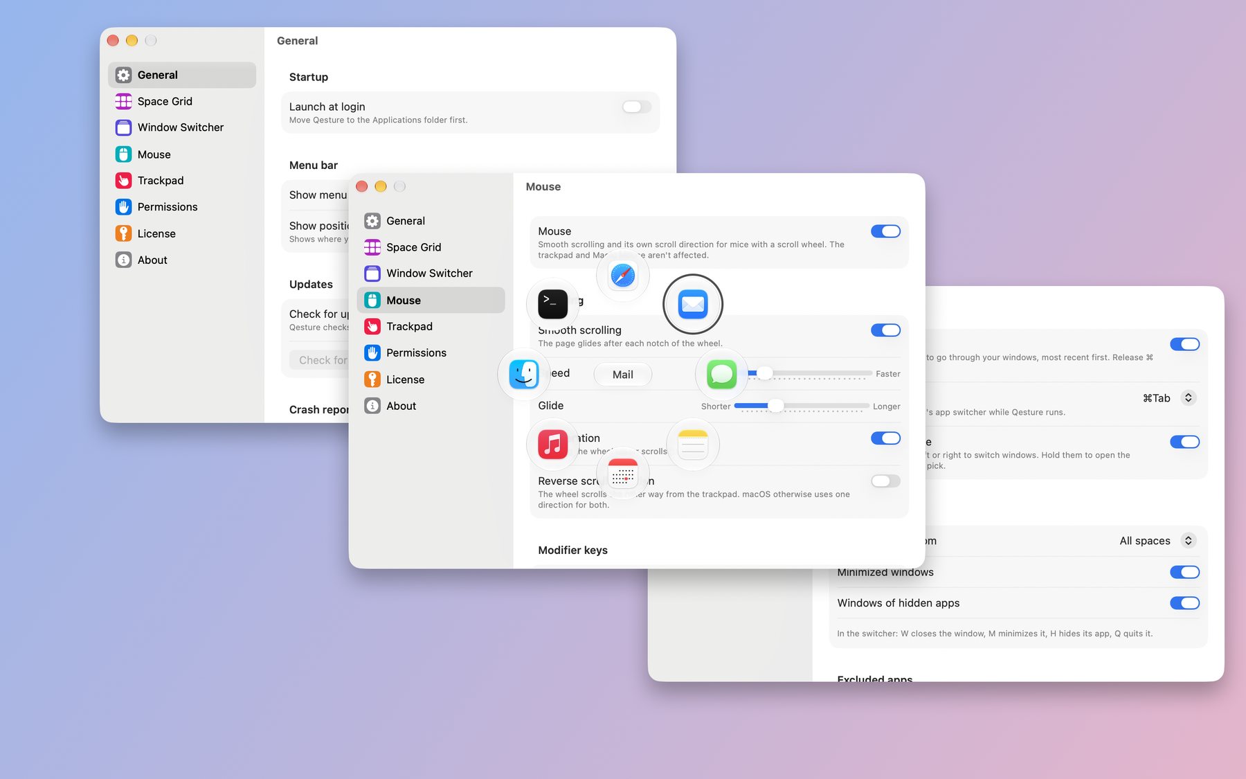 The radial menu, a ring of eight apps around the pointer with Mail selected.
