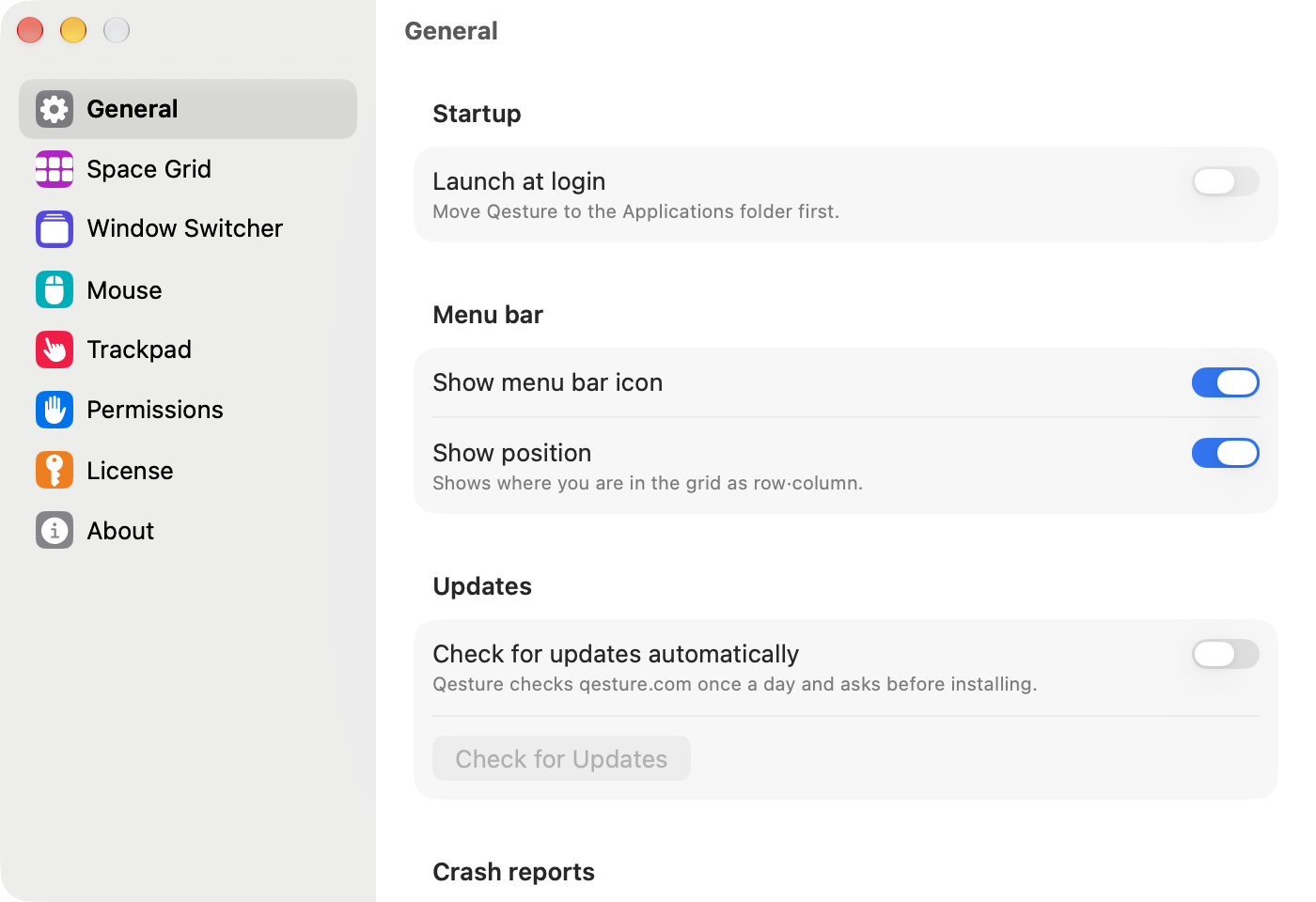 The General page of Qesture Settings.