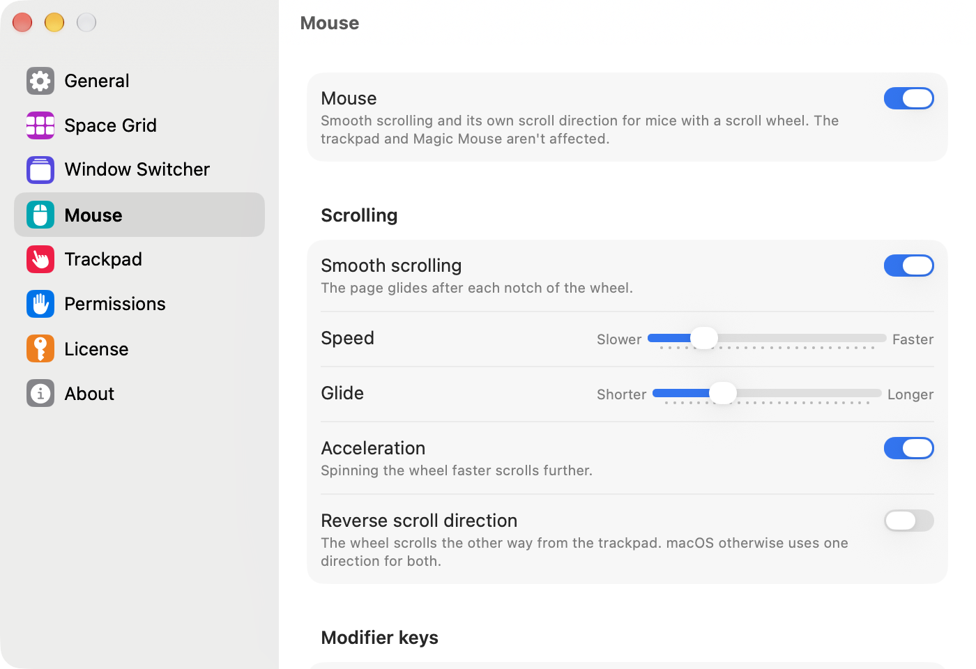 The Mouse page of Qesture Settings.