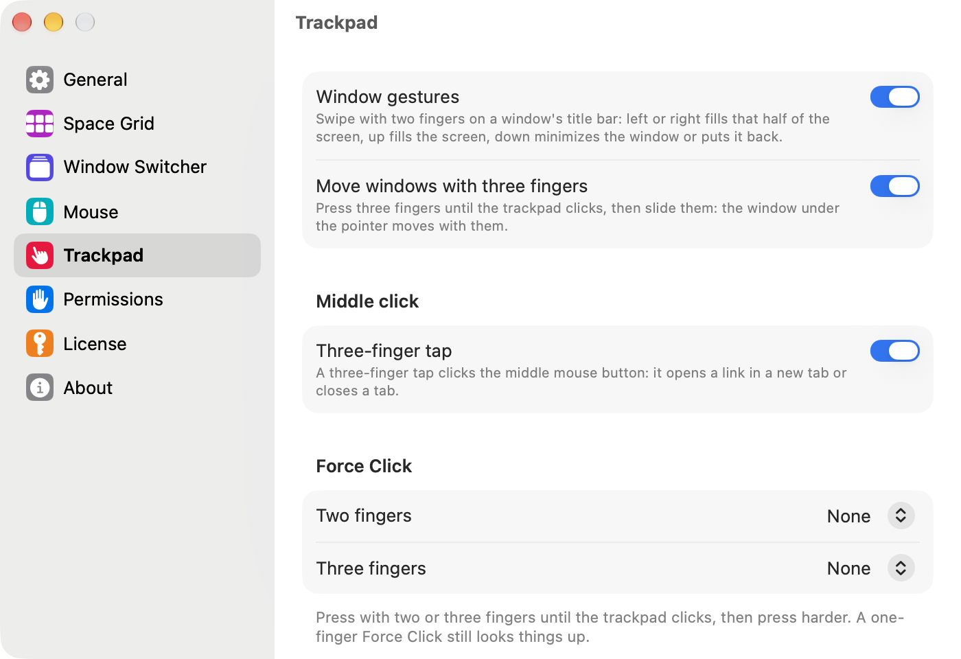 The Trackpad page of Qesture Settings.
