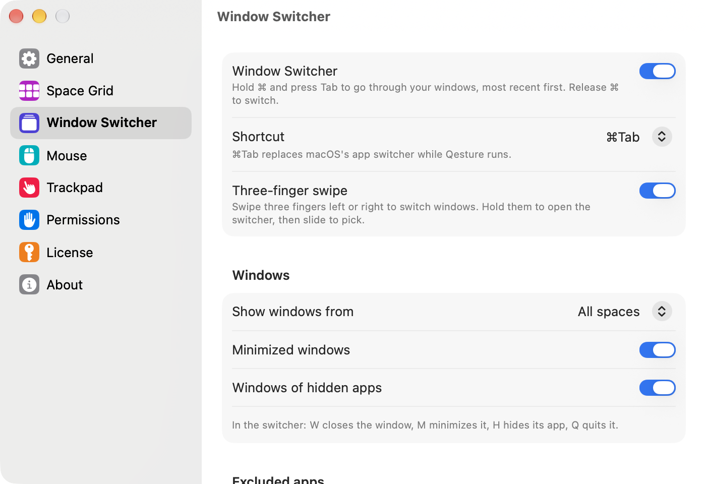 The Window Switcher page of Qesture Settings.