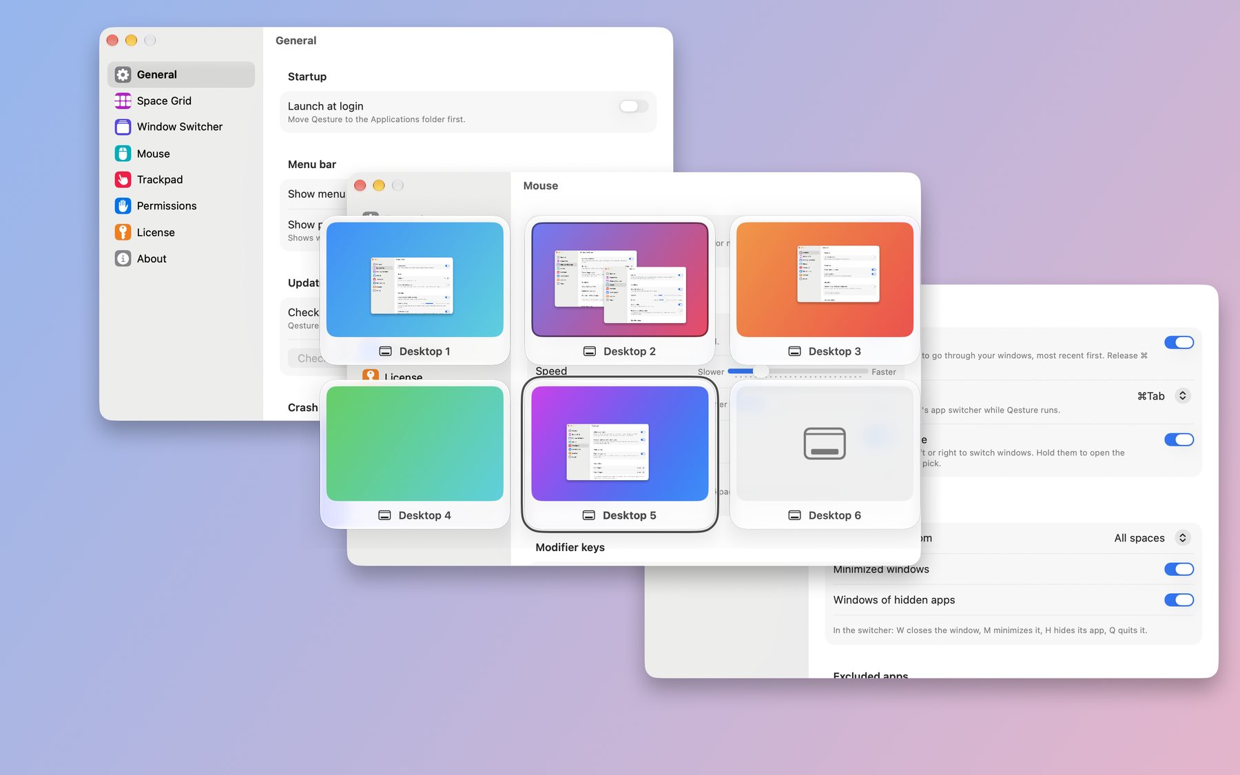 The Space Grid overlay showing six desktops in a three-column grid, with Desktop 5 selected.