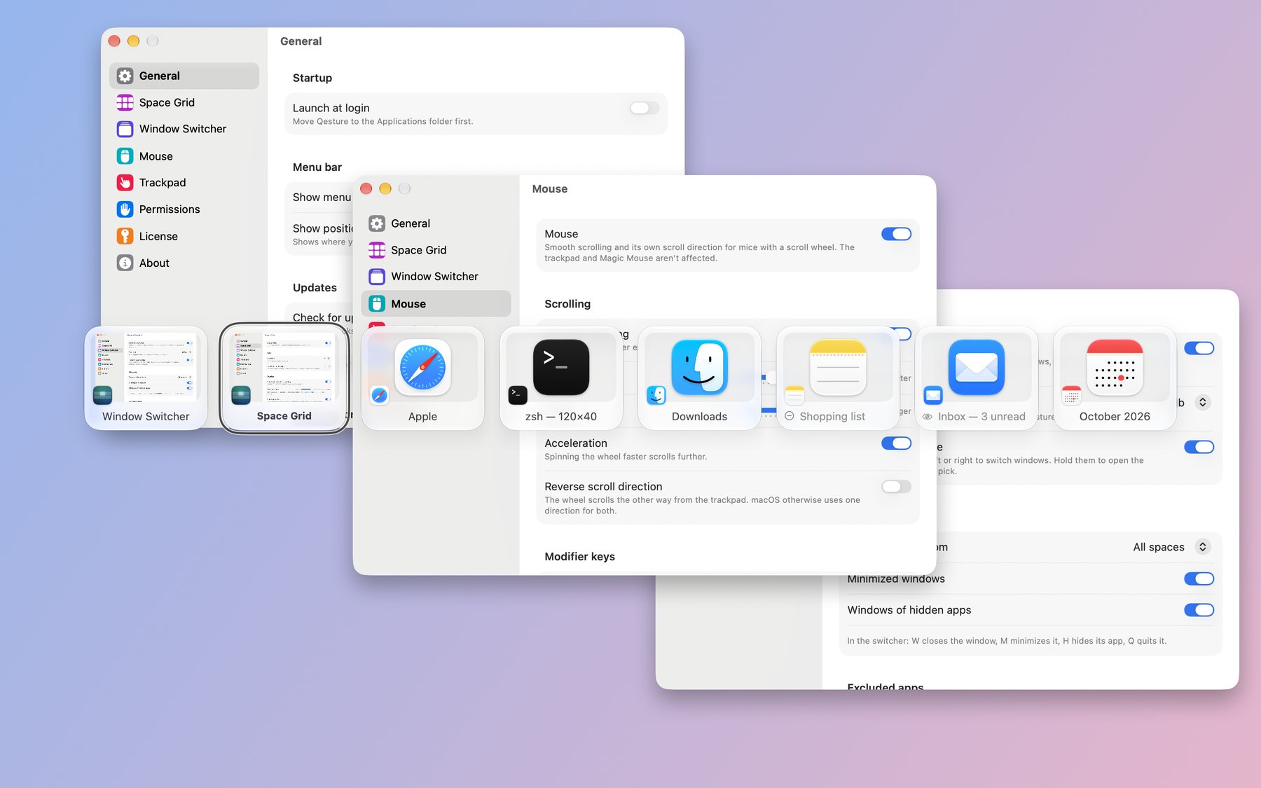 The window switcher, a row of window previews over Qesture Settings with the selected one highlighted.